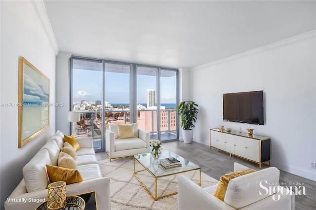 living room featuring expansive windows, crown molding, and light hardwood / wood-style floors