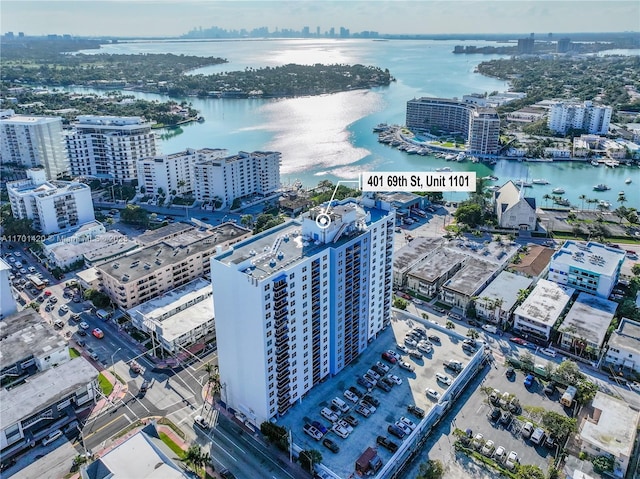 bird's eye view with a water view