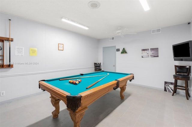 recreation room featuring tile patterned floors, ceiling fan, and pool table