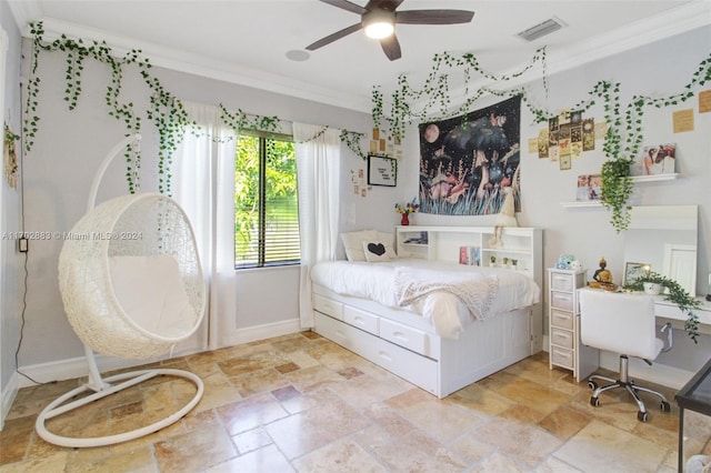 bedroom featuring ceiling fan and ornamental molding