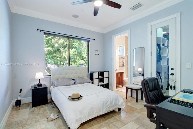 bedroom featuring ceiling fan, ornamental molding, and ensuite bath