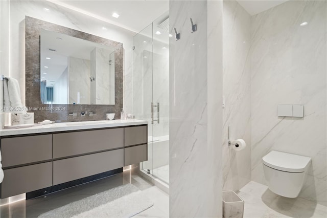 bathroom featuring vanity, toilet, tile walls, and walk in shower