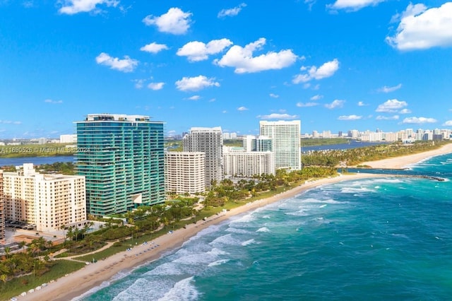 drone / aerial view with a beach view and a water view