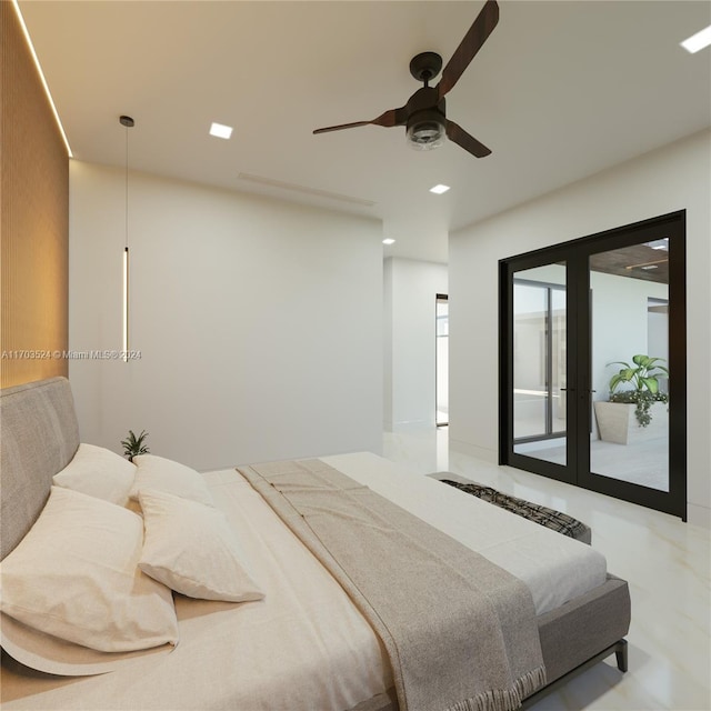 bedroom featuring ceiling fan, access to outside, and french doors