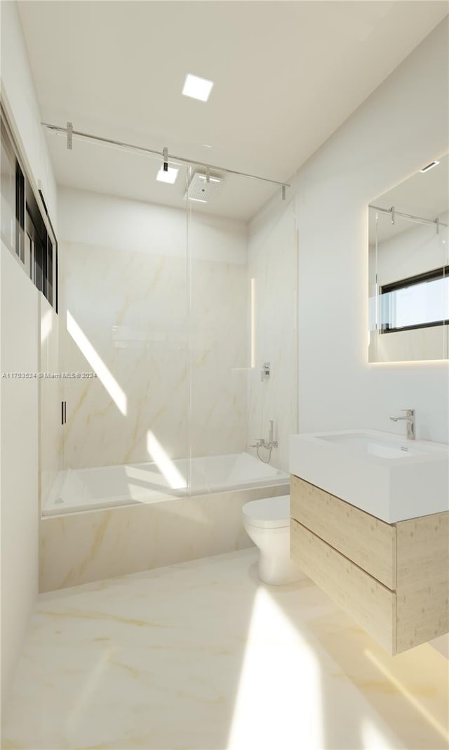 full bathroom with vanity, toilet, and tiled shower / bath combo