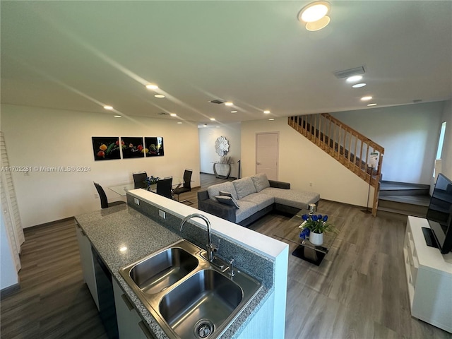 kitchen featuring sink, dark hardwood / wood-style flooring, and an island with sink