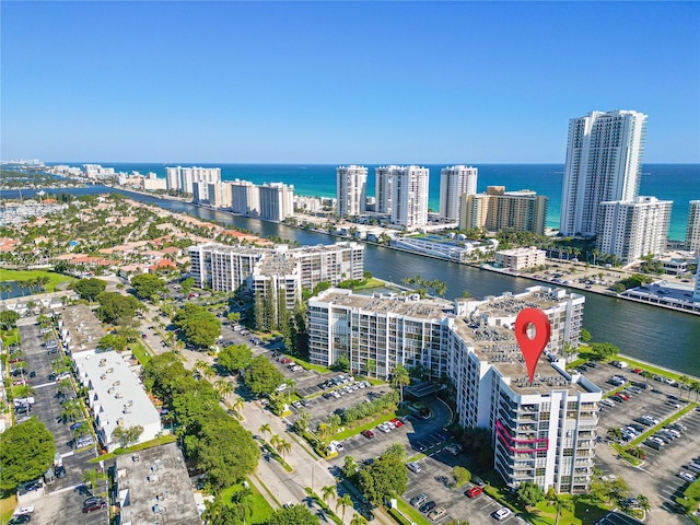 aerial view featuring a water view