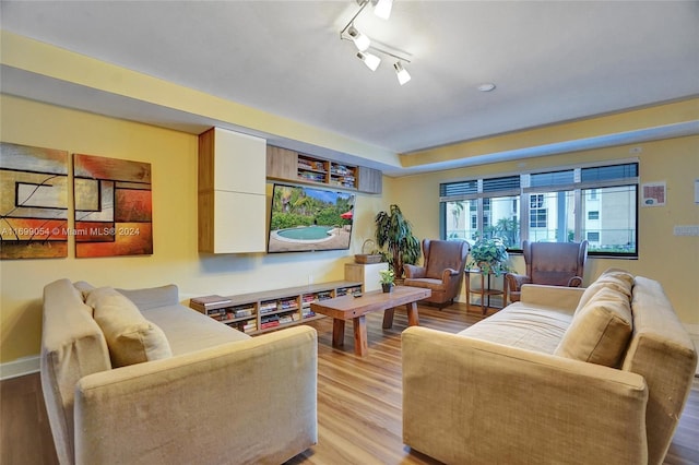 living room featuring light wood-type flooring and track lighting