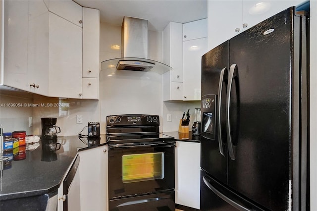 kitchen featuring white cabinetry, wall chimney exhaust hood, and black appliances