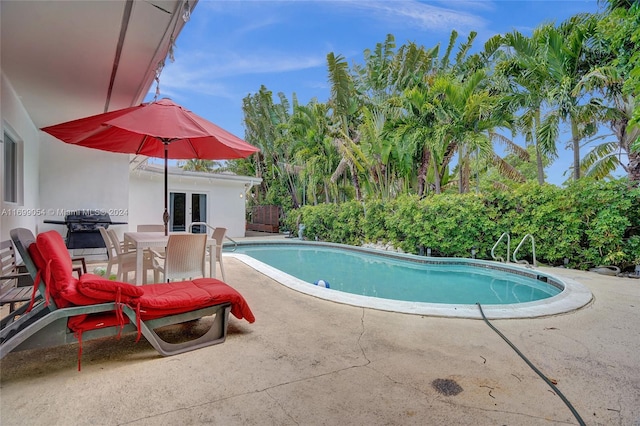 view of swimming pool featuring a patio area and a grill