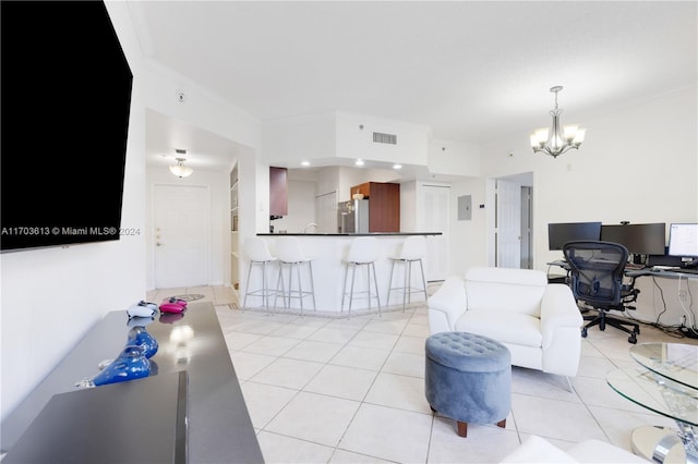 living room with crown molding, light tile patterned floors, and a notable chandelier