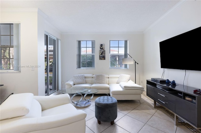 tiled living room featuring a textured ceiling and ornamental molding