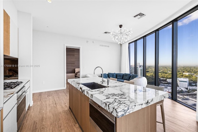 kitchen with appliances with stainless steel finishes, sink, a wall of windows, white cabinetry, and an island with sink