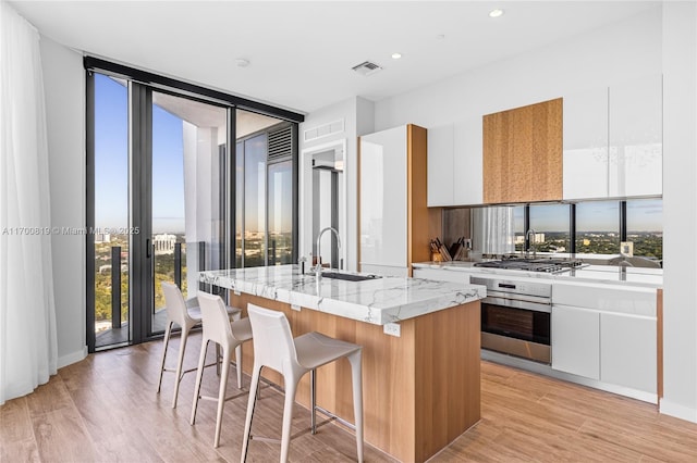 kitchen with white cabinetry, sink, light stone counters, a kitchen island with sink, and appliances with stainless steel finishes