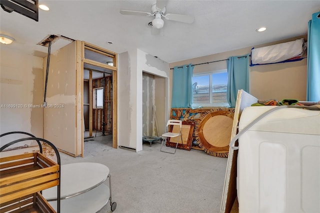 bedroom with light carpet, a closet, and ceiling fan