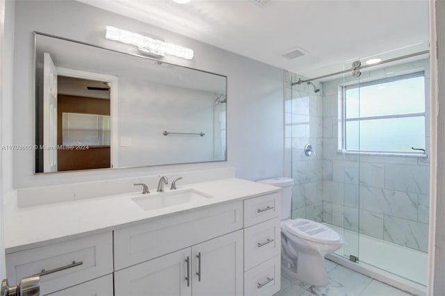 bathroom with vanity, toilet, and walk in shower