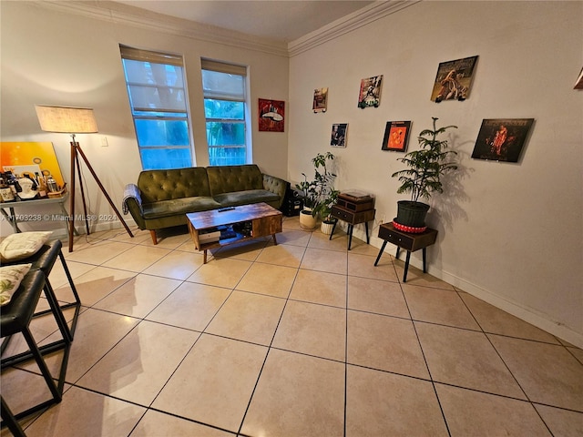 tiled living room featuring crown molding