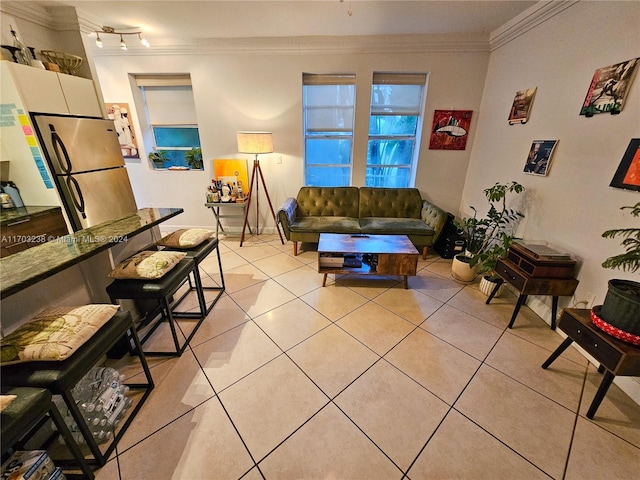 tiled living room featuring crown molding