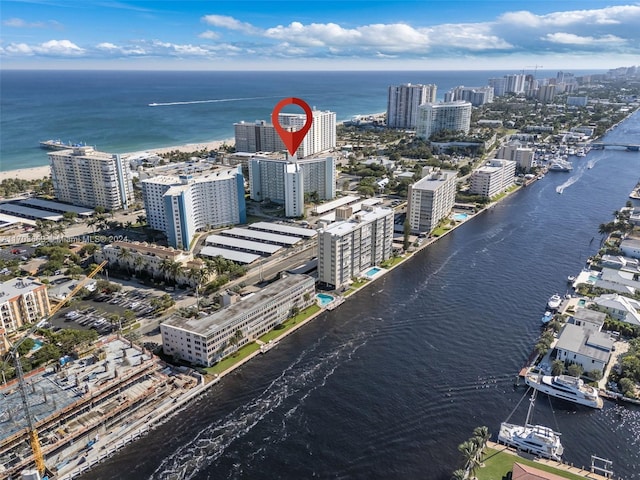 drone / aerial view featuring a water view