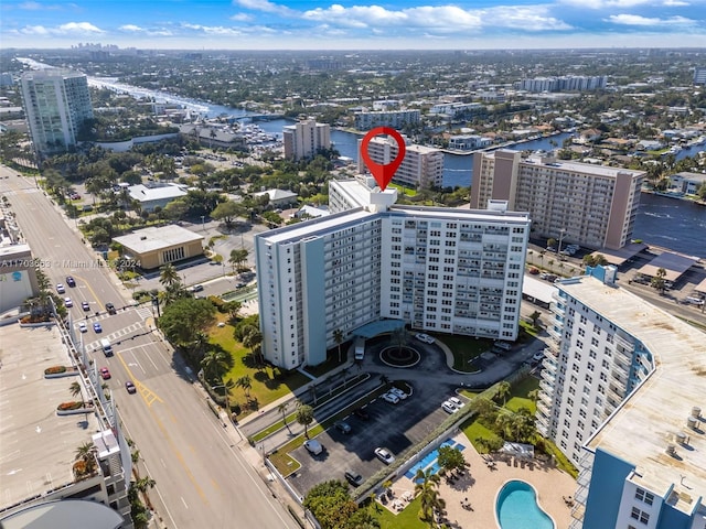 drone / aerial view with a water view