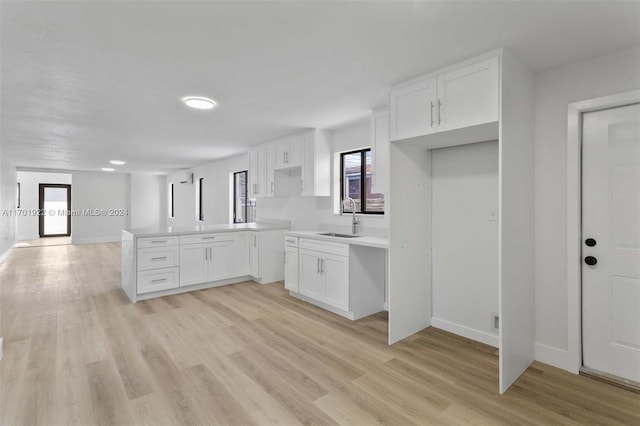 kitchen featuring kitchen peninsula, sink, white cabinets, and light hardwood / wood-style floors