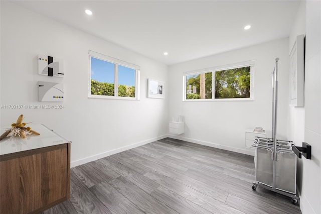 empty room with light hardwood / wood-style flooring