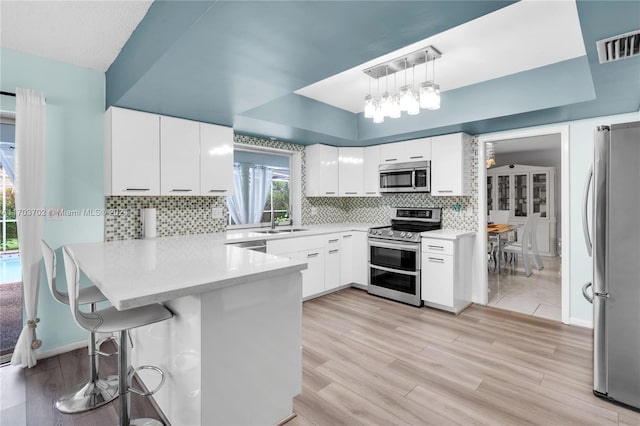 kitchen with kitchen peninsula, appliances with stainless steel finishes, light wood-type flooring, decorative light fixtures, and white cabinetry