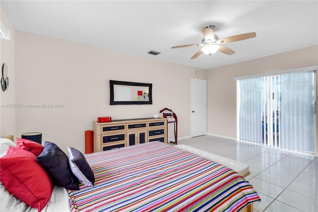 bedroom featuring ceiling fan and light tile patterned floors