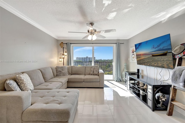 tiled living room featuring ceiling fan, crown molding, and a textured ceiling