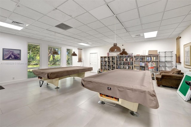 game room featuring a paneled ceiling and billiards