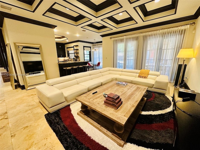 living room with crown molding, beamed ceiling, and coffered ceiling