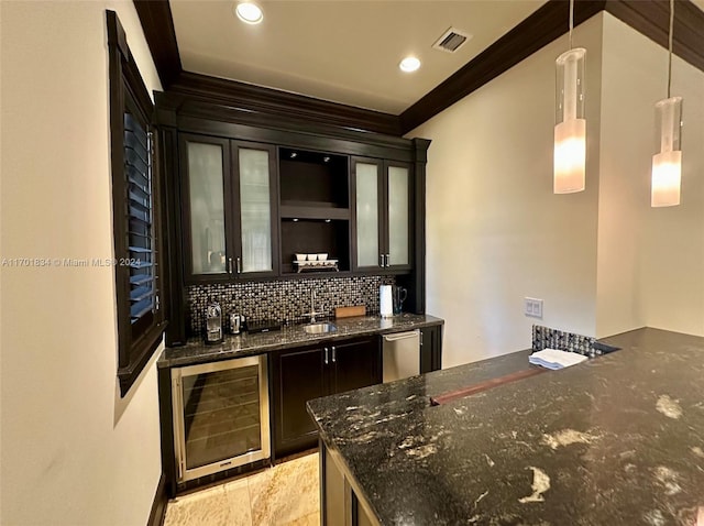 bar featuring dishwasher, wine cooler, dark stone countertops, decorative light fixtures, and decorative backsplash