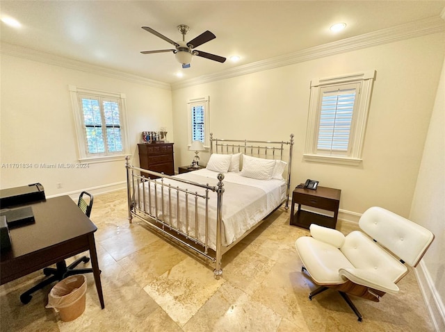 bedroom featuring ceiling fan and crown molding