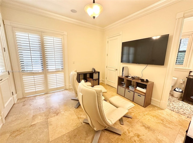 living room with crown molding