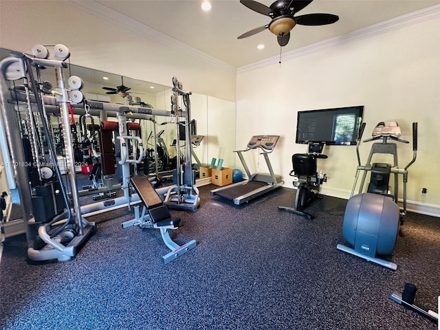 workout area featuring ceiling fan and crown molding