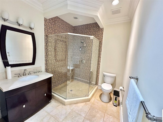 bathroom with vanity, tile patterned flooring, toilet, ornamental molding, and a shower with shower door