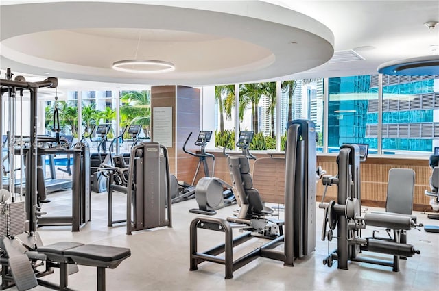 exercise room featuring expansive windows and a tray ceiling