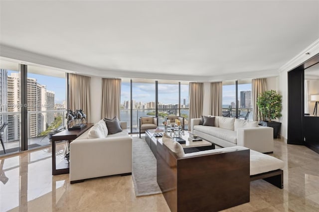 living room featuring plenty of natural light, floor to ceiling windows, and crown molding