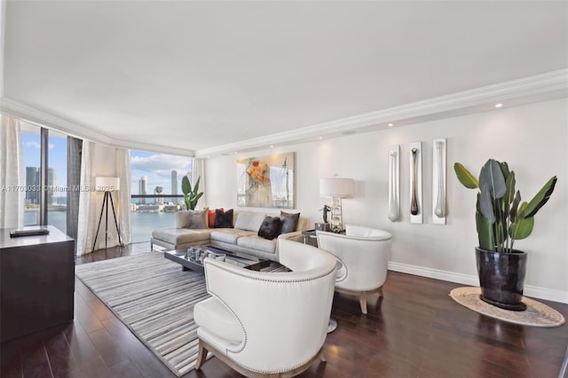 living room with floor to ceiling windows, crown molding, a water view, and dark wood-type flooring