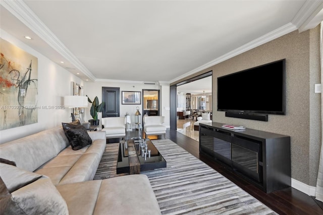 living room featuring crown molding and dark wood-type flooring