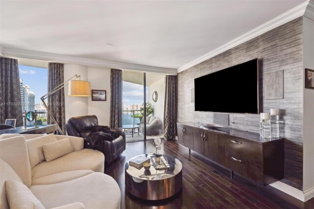 living room with plenty of natural light, floor to ceiling windows, dark hardwood / wood-style flooring, and crown molding