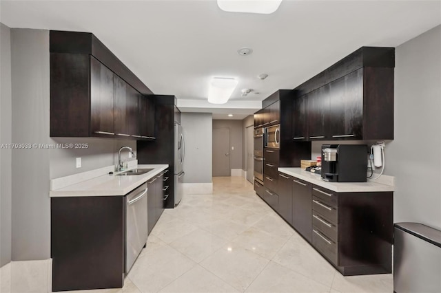 kitchen with sink, stainless steel appliances, and dark brown cabinets