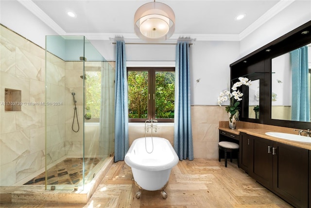 bathroom featuring french doors, parquet floors, crown molding, shower with separate bathtub, and vanity