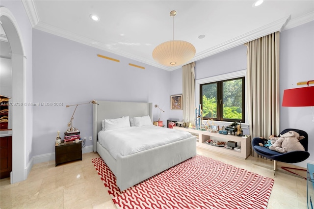 tiled bedroom featuring crown molding