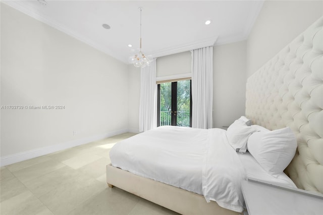 bedroom with access to exterior, crown molding, and an inviting chandelier