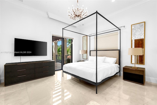 bedroom featuring a chandelier, access to outside, and ornamental molding