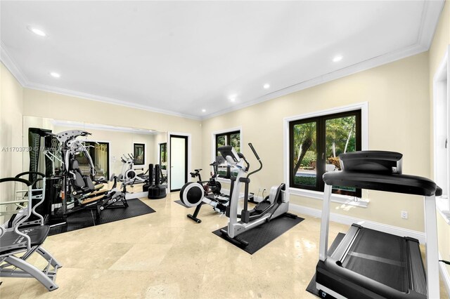 5935 Moss Ranch Rd, Pinecrest, FL 33156 - exercise room featuring crown molding, recessed lighting, and french doors