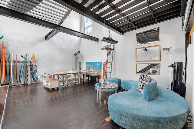 interior space with a high ceiling and dark wood-type flooring