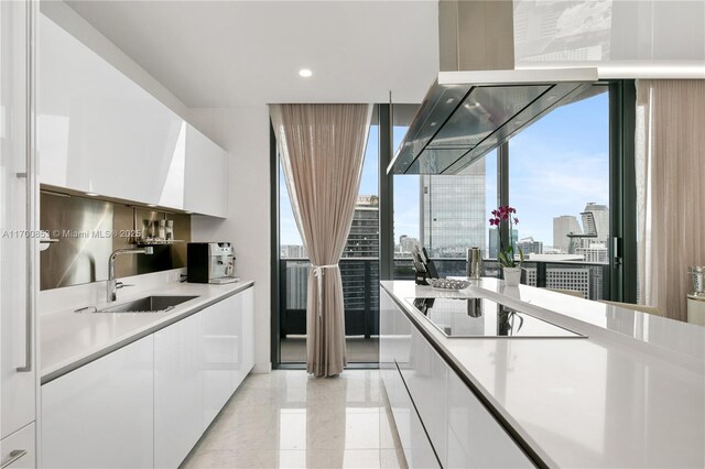 kitchen with sink, a center island, white cabinets, and island exhaust hood