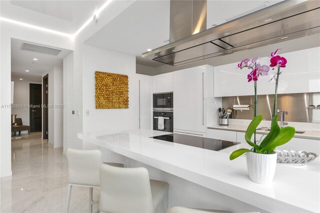 kitchen with white cabinetry, island range hood, and black appliances